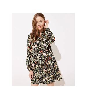 LOFT Women's  Floral Ruffle Split Neck Dress Small Petite